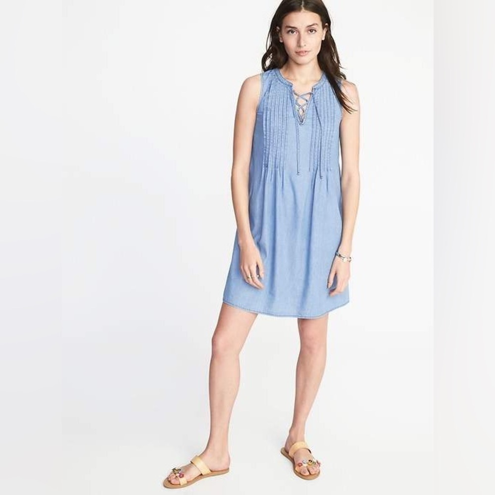 New Look Blue Pleated Tie Front Sleevess Chambray Denim Sundress size M